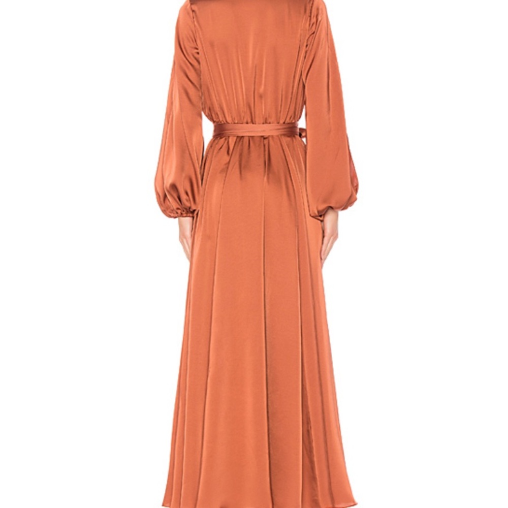 Michael Costello x Revolve Eric Gown in Dusty Coral Peach Bronze Satin High Slit - Picture 4 of 7